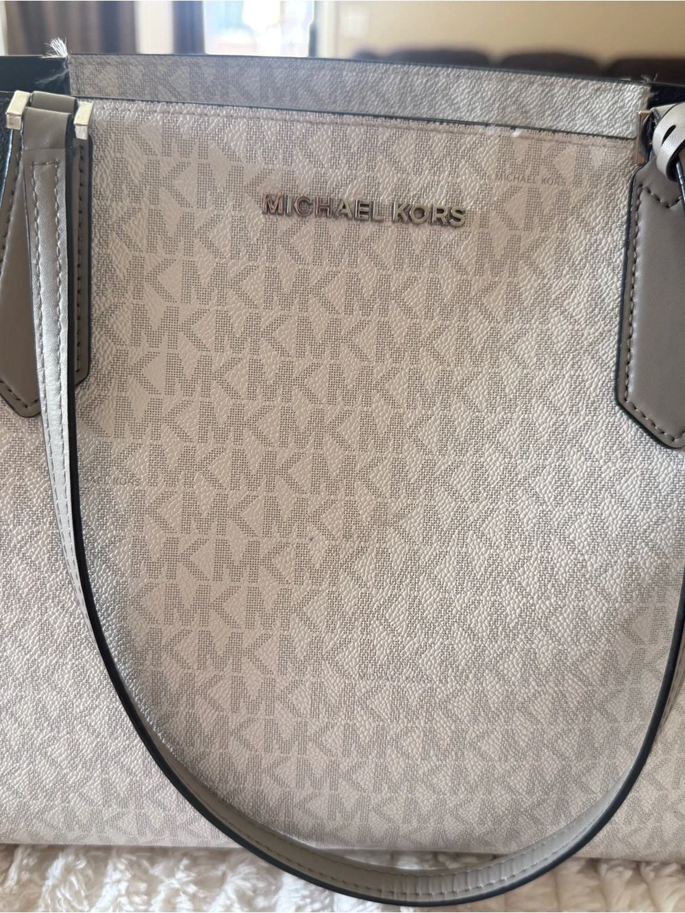Michael Kors Signature MK Tote in Light Beige and Gray Trim